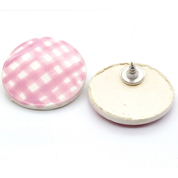 Vintage Pink and White Porcelain Earrings, Post Stud Large Circles - Picture 5 of 5